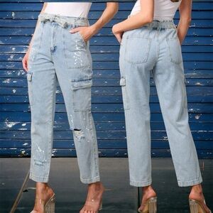 Easel Los Angeles -High Rise Paint Splatter Light Distressing Cargo Jeans